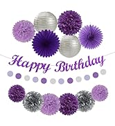 Purple Silver Birthday Party-Decorations Paper-Flowers - 14pcs Happy Banner Lavender Lanterns Tis...