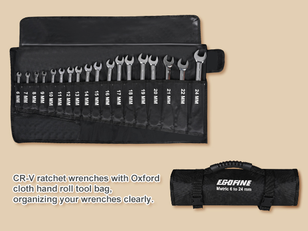 CR-V ratchet wrenches with Oxfordcloth hand roll tool bag,organizing your wrenches clearly.