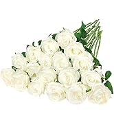 Ouddy Decor 20 Pcs Fake White Roses Artificial Silk Flowers with Long Stems for Valentines Decor ...