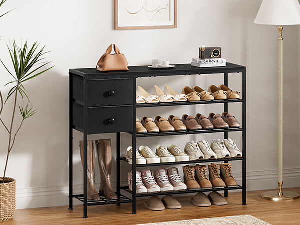 5-Tier Shoe Rack with 2 Fabric Drawers, Metal Frame and Wooden Board Shoe Organizer for 16-20 Pairs