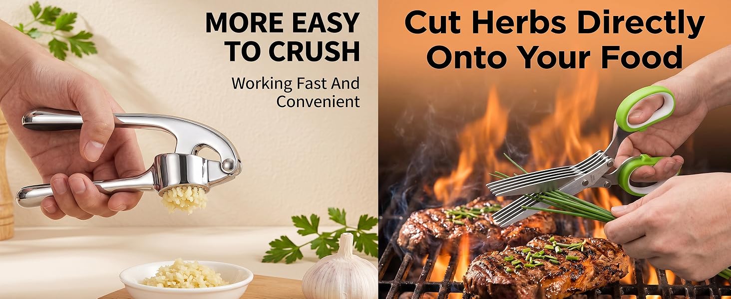 Garlic press and scallion clipper are easy to use