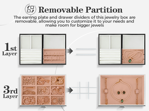 Jewelry organizer with removable dividers, customizable compartments for watches and bangles