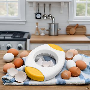 A kitchen counter with a bowl of fresh eggs and the product lying next to it.