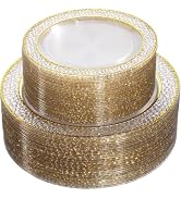 Nervure 102PCS Gold Plastic Plates - Disposable Clear Gold Party Plates Include 51PCS 10.25inch D...