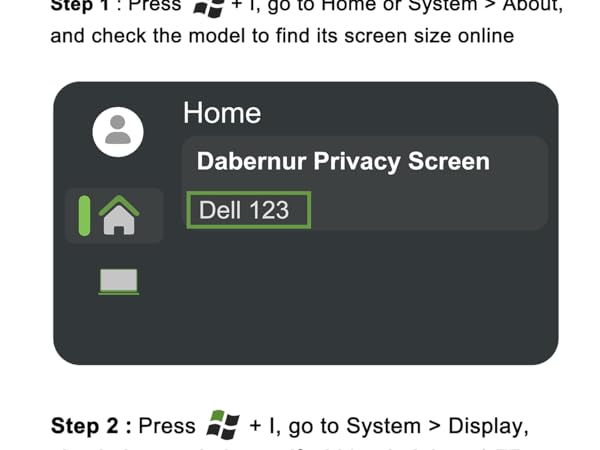 Text reads 'Debernur Privacy Screen', 'Home', 'Dell 123'. Computer interface showing navigation elements and system menu options.