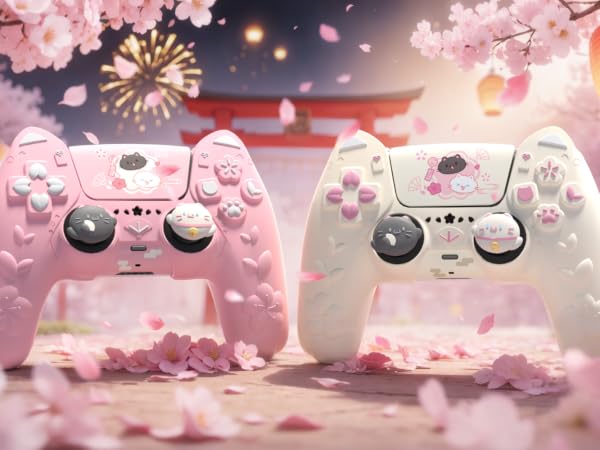 PlayVital for PS5 Controller Cover Skin - Cherry Blossoms Kitten Anti-slip Grip Skin