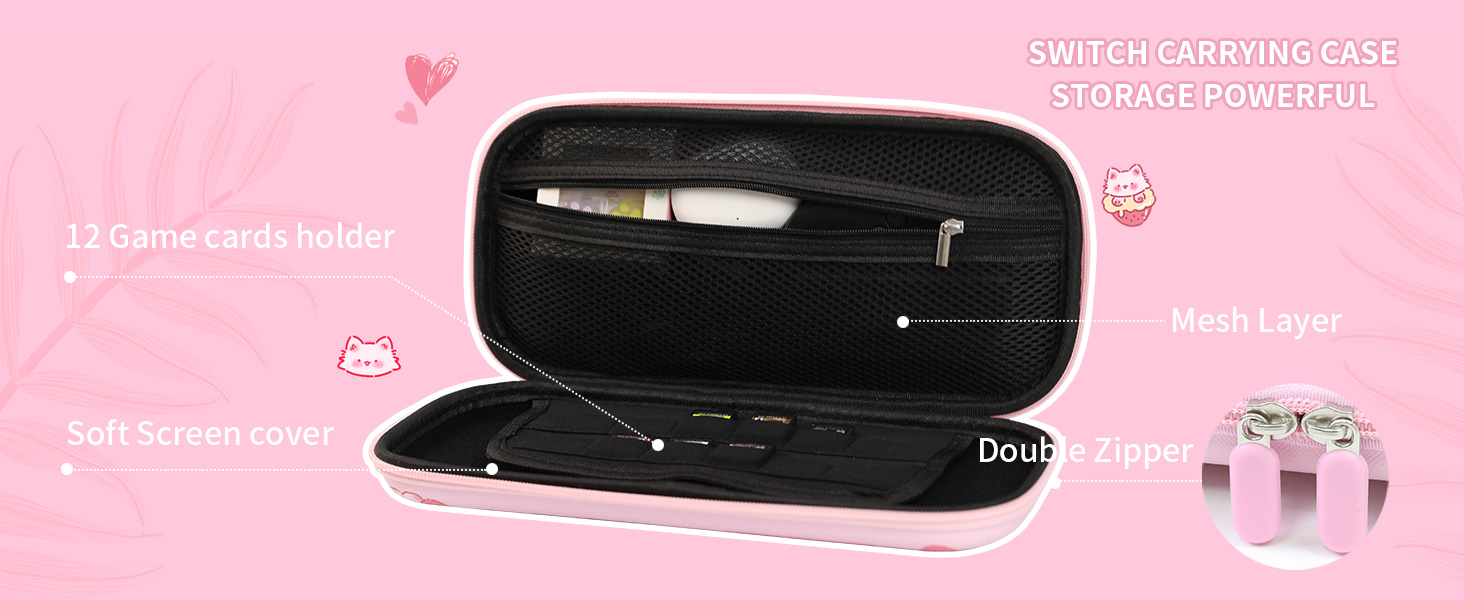 Cute Switch 2 Carrying Case, Kawaii Cat Travel Carry Case with Shoulder Strap
