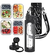 FIT Strong & Healthy 2 & 3 Compartment Glass Meal Prep Containers (4 Pack, 32 oz) and 32 oz Glass...