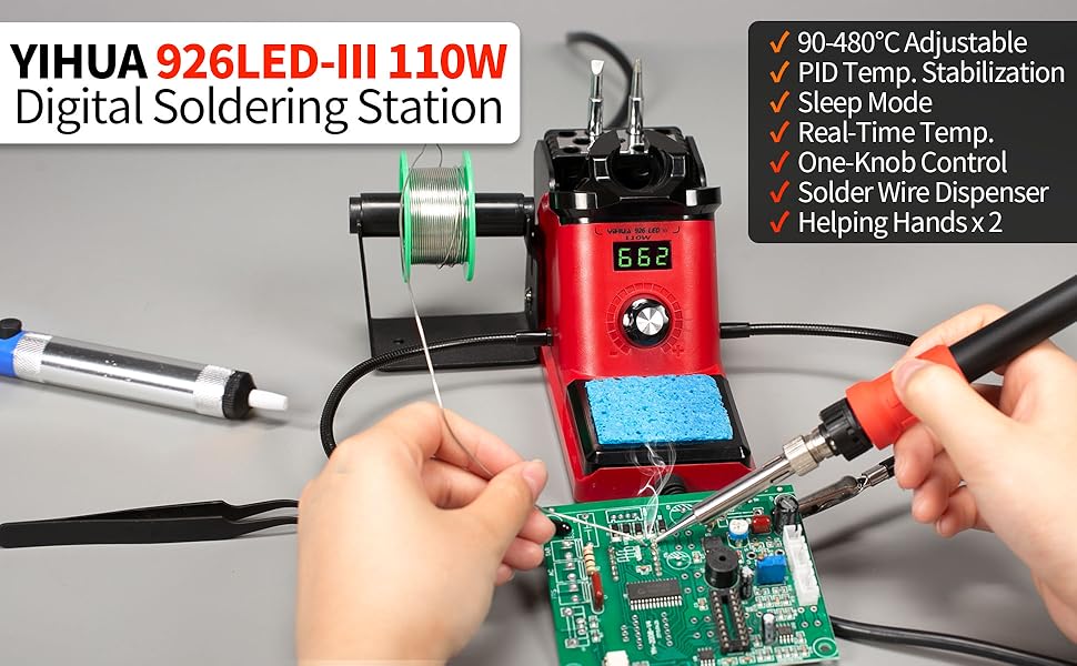 A man is using the YIHUA 926LED-III 110W to solder through-hole components