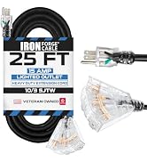 Iron Forge Cable 10 Gauge 25ft Lighted Outdoor Heavy Duty Extension Cord with 3 Outlets - 15 Amp ...