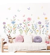 Flower Wall Decals Watercolor Wildflower Grass Butterflies Wall Stickers Peel and Stick Wall Art ...