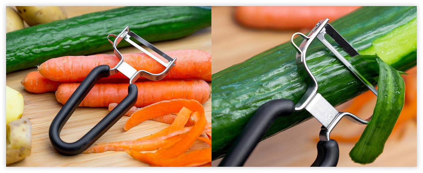 Lurch Germany Universal Y Peeler peeling a cucumber and peeling the skin away.