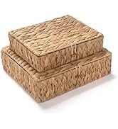 Wicker Storage Basket with Lid, Flat Water Hyacinth Baskets, Shallow Woven Basket for Shlef, Deco...