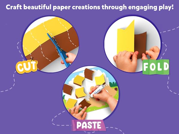 Paper craft activity images showing cut, fold, and paste steps. Circular panels display hands cutting yellow paper, folding brown paper, and gluing paper pieces.
