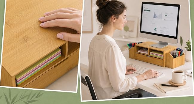 Bamboo Desktop Organizer, Desk Monitor Stand Riser with 1 Drawer and 2 Pen Holder