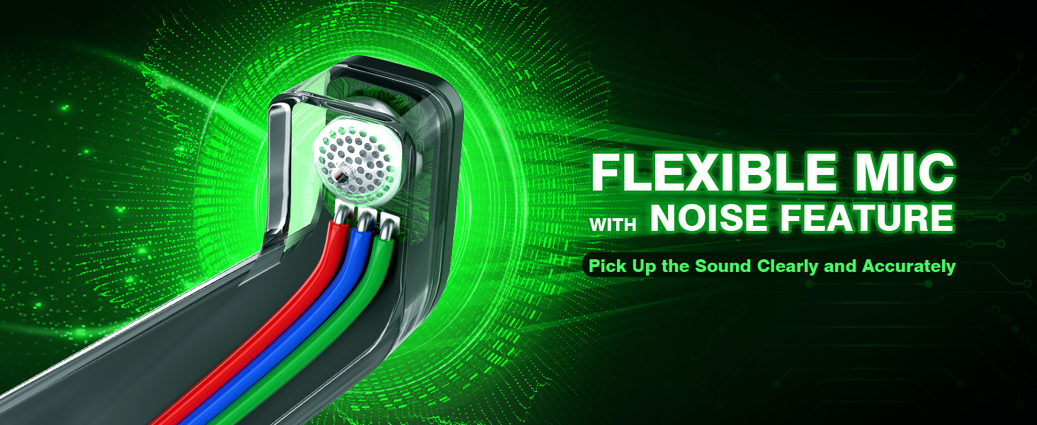 Flexible microphone component with noise reduction feature, shown in technical illustration with green radial effects and multiple wire connections.