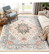 RELEANY Area Rugs 5'x7' Washable Vacuum-Friendly, Non-Slip, Floral Vintage Distress Print Pattern...