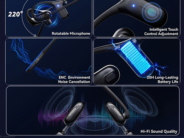 Bluetooth Headset with Mic, ENC Noise Cancelling, 20H Battery, Hi-Fi Sound