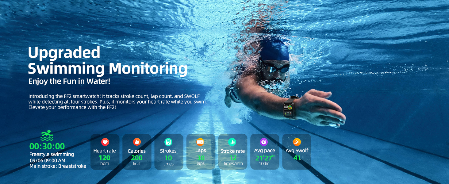Underwater swimmer with device, showcasing upgraded swimming monitoring features including heart rate, distance, and stroke analysis.