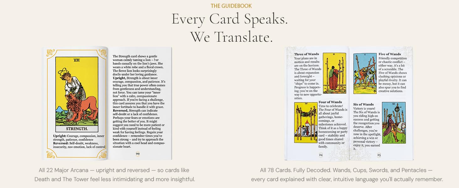 tarot guide open to Major Arcana meanings page showing detailed card interpretations