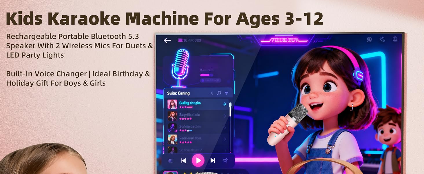 Kids Karaoke Machine for Ages 3-12, Portable Mini Bluetooth Speaker with Two Wireless Microphones