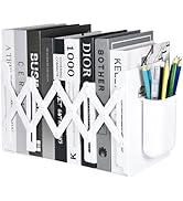 SAYEEC Adjustable Bookends with Pen Holder Expandable Book Ends for Heavy Books Plastic Desk Book...