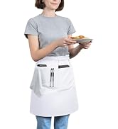 ROTANET Server Apron Black with 3 Pockets 20 Inch Long Waiter Waitress Bistro Half Waist Aprons f...