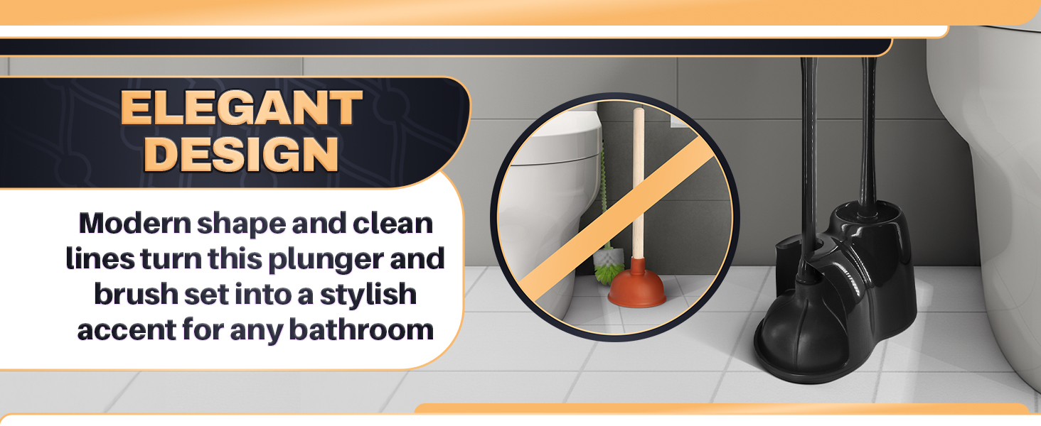 Black aesthetic toilet brush and plunger set stands slim beside the base of a white toilet