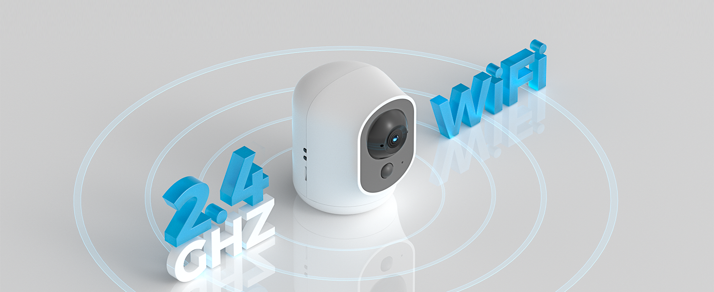 White, egg-shaped security camera with blue text display. Mounted on white surface with '24h' text visible nearby.
