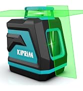 Professional laser level tool in teal and black housing, projecting green laser lines horizontally and vertically for alignment purposes.