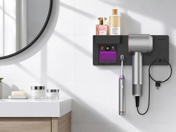 Bathroom Hair Tool Organizer with Top Storage Shelf, 2 Toothbrush Slots
