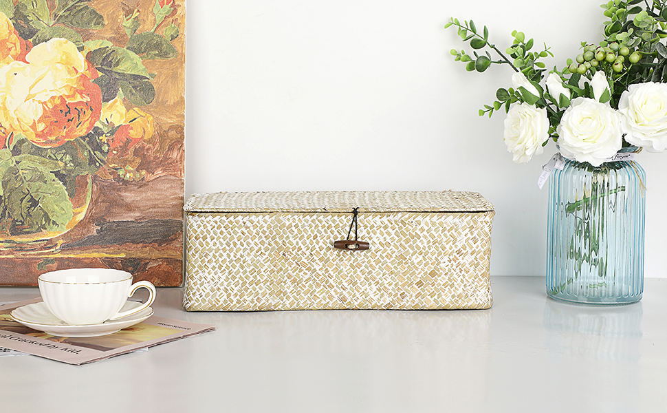 Seagrass Storage Basket Bin Hand-Woven Wicker Basket with Lid Bathroom Basket Tissue Toilet Paper