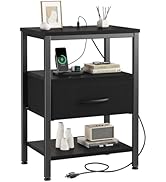 DUMOS Bedside Table with Charging Station and Adjustable Fabric Drawer Compact Nightstand 3-Tier ...
