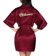 Vlazom Women's Satin Robe Short Kimono Bathrobes for Bride & Bridesmaid Wedding Party Robes with ...