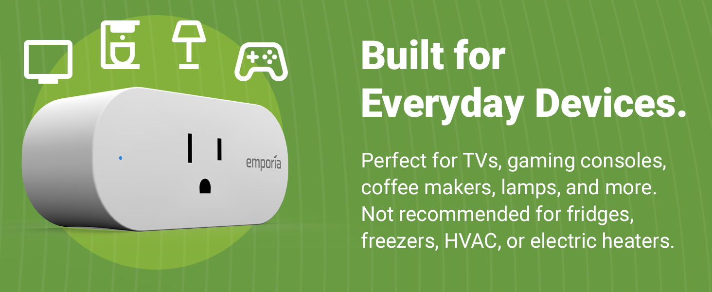 Emporia smart plug with device icons. Safe for TVs and lamps. Not for HVAC or fridges.