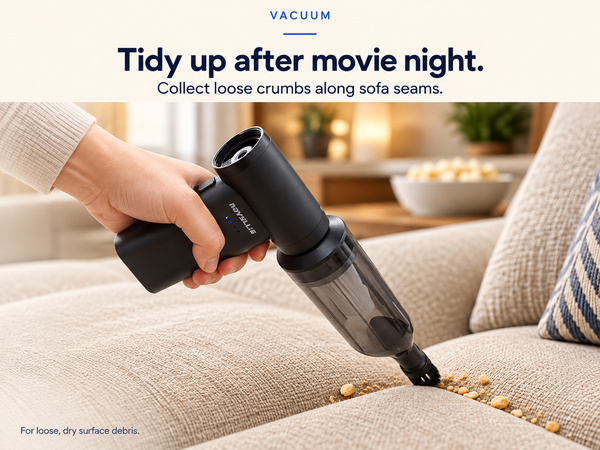 Handheld mini vacuum with brush attachment picking up loose crumbs along sofa seams