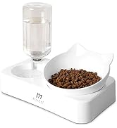 Pet feeding station with elevated water dispenser and tilted food bowl. White plastic base, clear water container, and bowl filled with brown kibble.