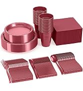 350 Pcs Plastic Dinnerware Set Includes 50 Of Each 9" Burgundy Plastic Dinner Plates | 7" Plastic...