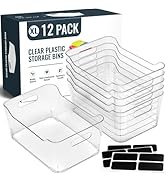 12 PACK Multi-Use Clear Plastic Storage Bins for Organizing w/ Labels - Home, Kitchen, Pantry, Ba...