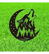 WADORN Wolf Moon Metal Decorative Garden Stakes, Howling Wolf Silhouette Metal Outdoor Statues An...