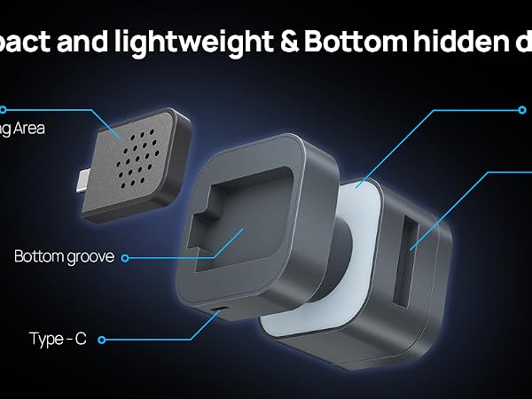 Charging dock shows the watch charging area, Type-C port, and hidden bottom cable groove.