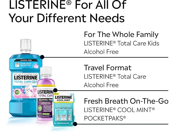 Listerine products listed: kids alcohol free, travel format, pocketpack format