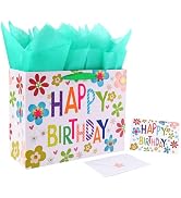 13" Large Gift Bag Set with Greeting Card and Green Tissue Paper(Colorful ‘Happy Birthday’) for B...