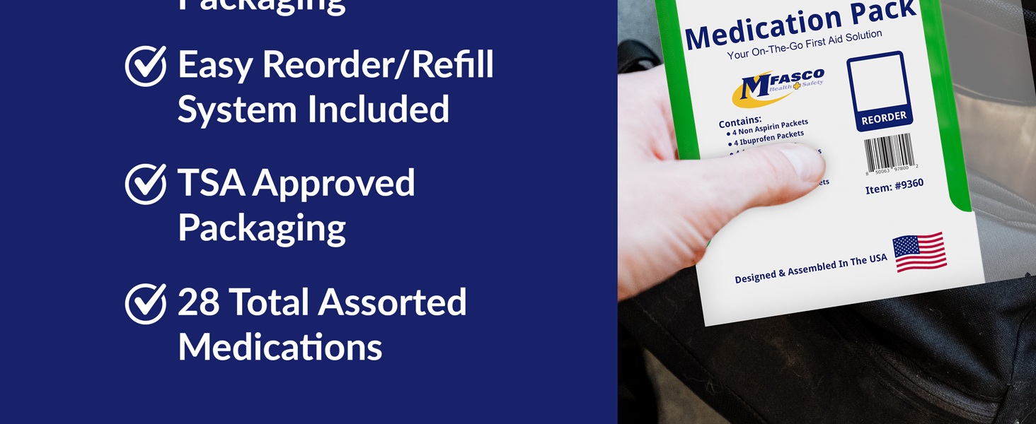 TSA approved package assembled in the USA 28 assorted medications home bag kit reorder
