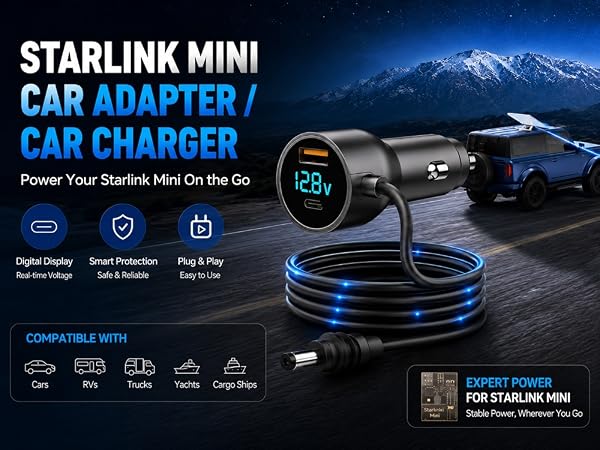 Starlink Mini car charger adapter with digital voltage display plug and coiled DC power cable