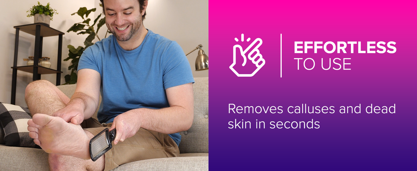 Person using an electronic foot care device on another's foot. Pink background with 'Effortless to use' text and an icon.