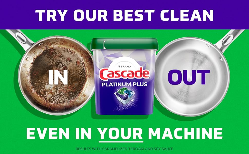 Dirty pan next to word In. Sparkling-clean pan next to word Out.