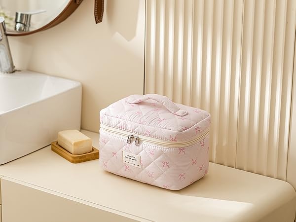 HBselect Quilted Makeup Bag, Cotton Large Travel Makeup Bag