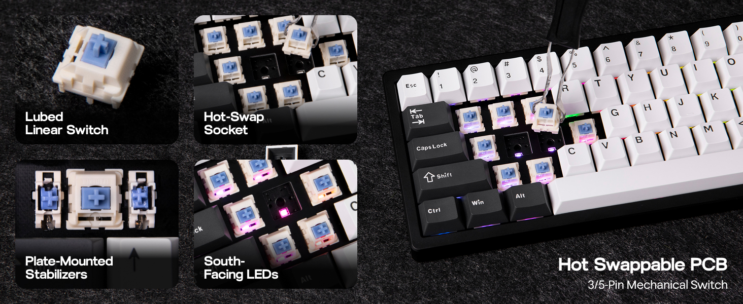 Mechanical keyboard components showcasing lubed linear switch, hot-swap sockets, plate-mounted stabilizers, south-facing LEDs, and hot-swappable PCB on a black textured background.