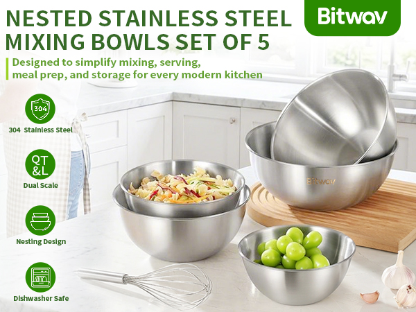 Bitwav 304 stainless steel bowls 18/8 metal mixing bowls